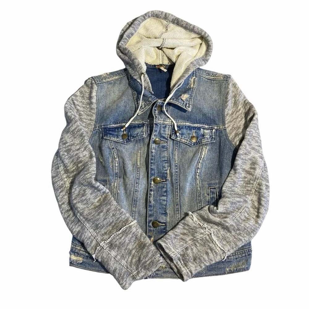 Free People Hooded Distressed Denim Jacket Size M Blue Grey
